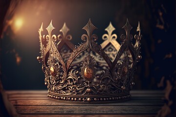 Beautiful queen/king crown over wooden table. vintage filtered. fantasy medieval period. Generative AI