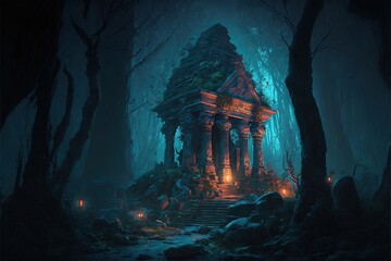 Wall Mural - Fantasy stone temple in the forest at night. Generative AI