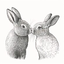 Realistic Sketch Of Two Bunnies Kissing. Lettering Greeting For Valentines Day, I Love You. Hand Drawn, Invitation. Illustration Of Generative Ai