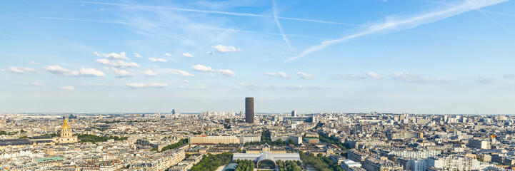 Champ de Mars park and Montparnasse tower seen from the second floor of the Eiffel Tower in Paris, France