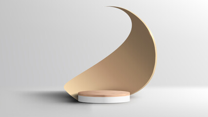 Wall Mural - 3d realistic luxury style empty wood grain top white podium pedestal stand with golden spiral decor 