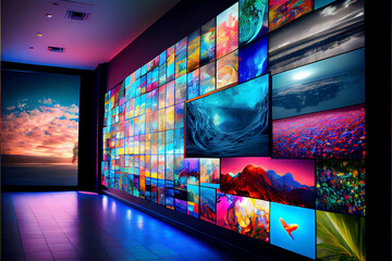 Wall Mural - Video wall with multimedia images on different television screens