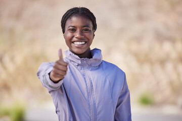 Poster - Portrait, thumbs up and black woman outdoor, training and exercise for fitness, power and wellness. Young female Nigerian, athlete and healthy girl with hand gesture for achievement, goals or workout