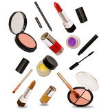 Multiple makeup fashion related items isolated on cutout transparent background
