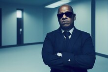 Portrait Of A Stern, Black Private Security Warden Standing With Sunglasses On 