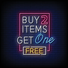 neon sign buy 2 get 1 free with brick wall background vector illustration