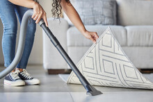 Woman, Vacuum And Cleaning Carpet Floor In Home For Cleaner Service, Apartment Maintenance Or Spring Cleaning Lounge. Maid Worker, Housekeeping Dust And Living Room Hygiene Or Interior Disinfectant