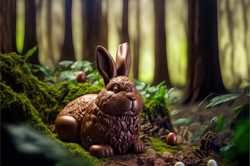 Chocolate bunny in a chocolate forest, Easter celebration