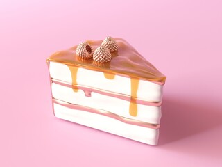 Wall Mural - A piece of cake in light colors with gold metal raspberries on a pink background. 3d Cake slice piece, caramel icing, tasty illustration. Concept for confectionery. Creative 3d render illustration. 