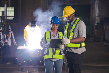 Latin America woman engineer working with engineer African American and steel welding background at factory	