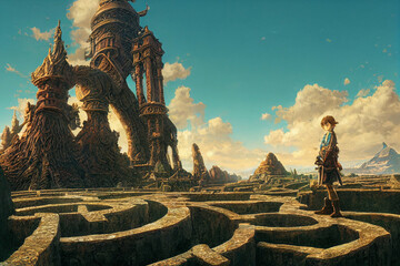 Wall Mural - Giant Stone Castle Surrounded by a Great Labyrinth 19