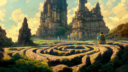 Wall Mural - Giant Stone Castle Surrounded by a Great Labyrinth 22