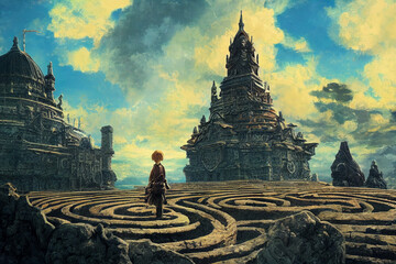 Wall Mural - Giant Stone Castle Surrounded by a Great Labyrinth 6