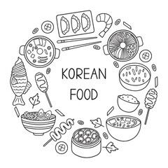 Canvas Print - Korean food doodle set. Asian cuisine. Bibimbap, mandu, ramyeon in sketch style. Hand drawn vector illustration isolated on white background