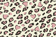 Abstract leopard seamless pattern with black spots and pink hearts on a white background. Trendy concept Love and animal skin background.