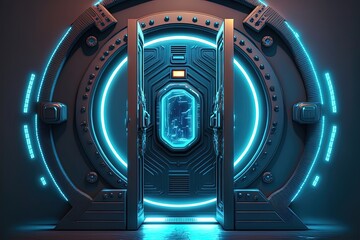 Wall Mural - high tech fantasy round portal neon light, illumination entrance, galaxy doors, appliances, cyberpun