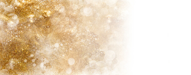Wall Mural - golden christmas background banner with festive shiny sparkles and twinkling bokeh over white with c