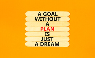 Wall Mural - Goal and plan symbol. Concept words A goal without a plan is just a dream on wooden sticks. Beautiful orange table orange background copy space. Business plan motivational goal or dream concept.