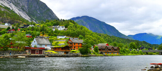 Wall Mural - Norway. Eidfjord is the administrative centre of Eidfjord municipality in Vestland county. The village is located on the shore of the Eid Fjord.