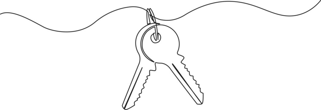 continuous single line drawing of set of keys on key ring, line art vector illustration