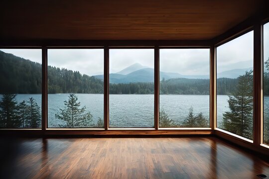 Cabin in the woods, large windows, forest view and lake