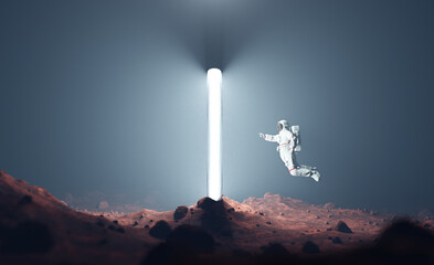 Wall Mural - Astronaut on alien planet entering spacetime portal light