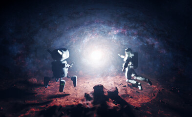 Wall Mural - astronaut and ai robot explore alien planet.