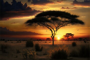 Digital Art of African Savannah with Sunrise or Sunset