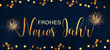 Frohes neues Jahr 2023 Silvester Feiertags Grußkarte mit Text - Goldenes Feuerwerk und Bokeh Lichter, Collage an blauem Himmel in der Nacht