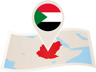 Wall Mural - Folded paper map of Sudan with flag pin of Sudan. 