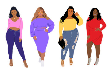 Set of happy black curvy women in stylish modern clothes. Diverse plus size female beauties wearing casual street fashion outfits. Flat realistic illustrations on transparent background. PNG. Stickers