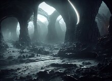 Mattepainting Of Desertic Grotto And Sharp Rocks Wall Inspired By Heroic Fantasy And Science Fiction Wallpaper