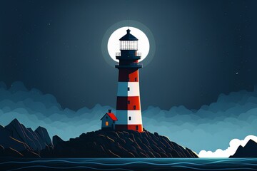 Illustration of a Lighthouse on a Rocky Island with the Moon in Background