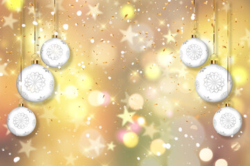 Poster - Christmas background with hanging baubles on gold confetti background