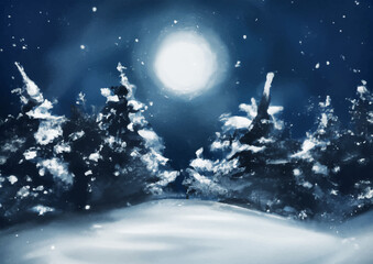 Poster - hand painted watercolour winter landscape at night