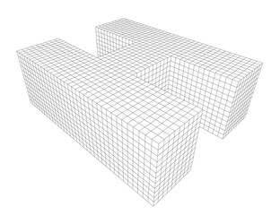 Wall Mural - 3d architectural design of a simple h shape building. grid lines perspective view