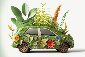 Environmentally friendly vehicle. Car covered in nature, leaves and flowers, green energy. Generative ai