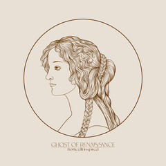 Sticker - Portrait of a woman inspired by a painting by Renaissance artist Botticelli. Outline hand drawing vector illustration.