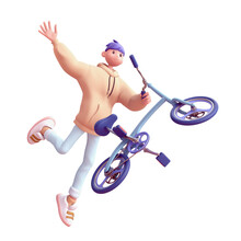 Young Tall Cute Excited Funny Smiling сasual Asian Active Purple-haired Guy In Fashion Clothes Yellow Hoodie Blue Jeans Sneakers Flies On Bike In Air Have Fun Joy. 3d Render Isolated On White Backdrop