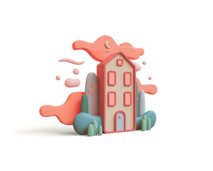 Wall Mural - Cute green kawaii magic cozy modern urban Eco House, blue door, bushes, tall trees, red clouds, bubbles float in air. Autumn mood in fall season. 3d render isolated on white backdrop in pastel colors.