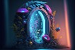 Abstract fantasy floral sci-fi neon portal. Flower plants with neon illumination. AI