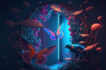 Wall Mural - Abstract fantasy floral sci-fi neon portal. Flower plants with neon illumination. AI