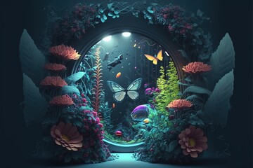 Wall Mural - Abstract fantasy floral sci-fi neon portal. Flower plants with neon illumination. AI