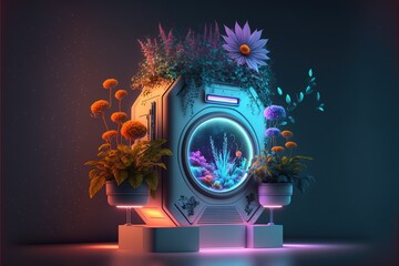 Wall Mural - Abstract fantasy floral sci-fi neon portal. Flower plants with neon illumination. AI