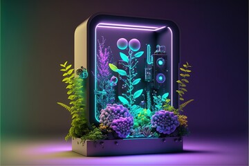 Sticker - Abstract fantasy floral sci-fi neon portal. Flower plants with neon illumination. AI