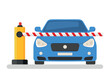The car stands in front of a closed barrier. Closed car barriers. Parking car barrier gate. Street road stop border. Vector illustration flat design. Isolated on white background.