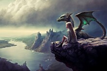 A Girl With A Green Dragon Sitting Over A Mountain