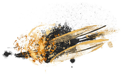 Wall Mural - Black and Gold Abstract color smear acrylic and watercolor blot painting. Monotype template. Isolated Png transparent background.