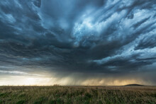 Rainfall In The Distance On The Prairies Under Ominous Storm Clouds; Saskatchewan, Canada