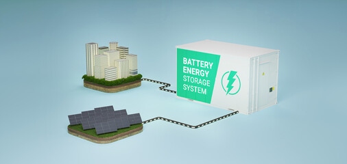 solar city, battery energy storage system, solar power plant, ess, 3d rendering, 3d illustration.